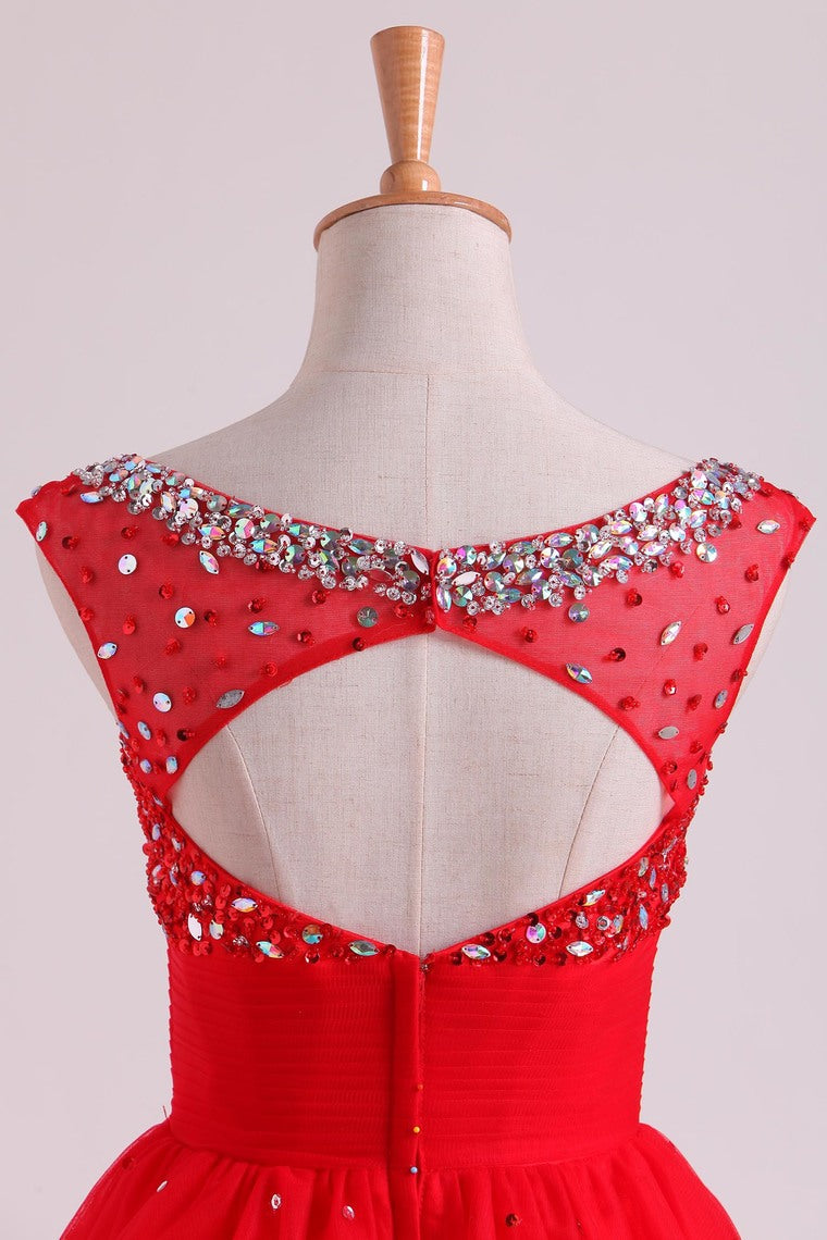 2022 Bateau A Line Short/Mini Homecoming Dresses With Beads & Ruffles Open Back