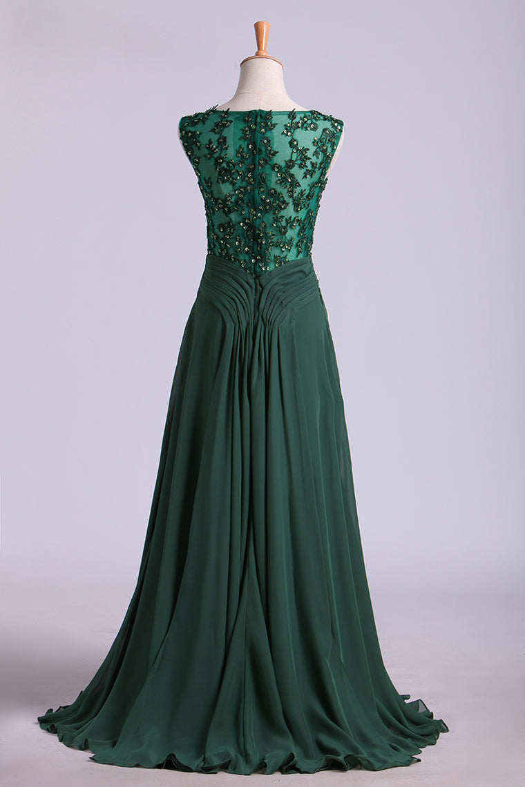 2022 Bateau Neckline Embellished Tulle Bodice With Beaded Applique Chiffon