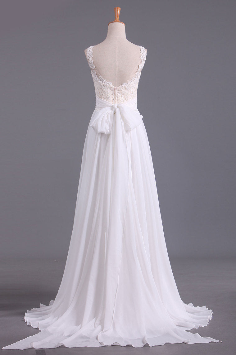 2022 Sexy Open Back Scoop With Applique And Sash Wedding Dresses A Line Chiffon Sweep Train