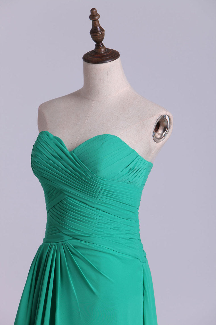 2022 Sweetheart Neckline Chic Dress Pleated Bodice A Line Chiffon With Slit