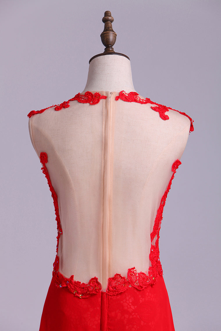 2022 Scoop Neckline Embellished Bodice With Beadeds&Applique Long Chiffon Prom Dress