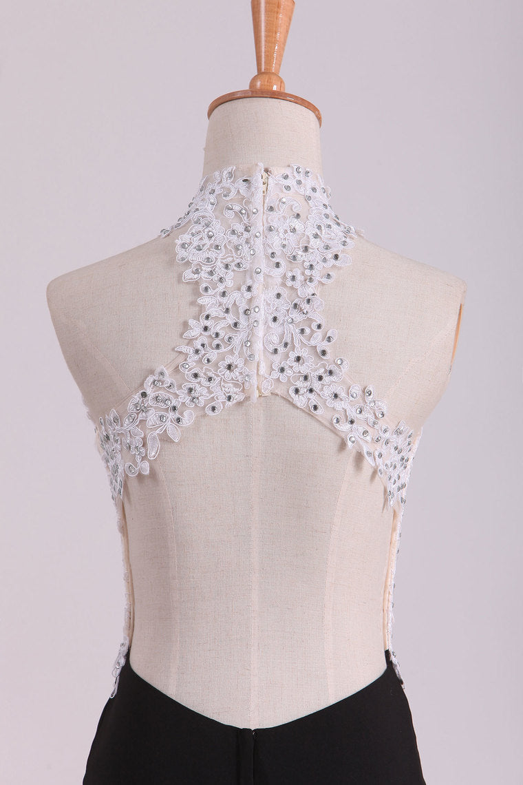 2022 Bicolor Prom Dresses High Neck Sheath With Applique & Beads Sweep/Brush Train