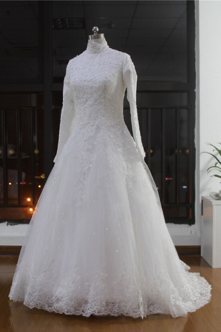2022 High Neck Wedding Dresses A Line Tulle Muslim With Applique
