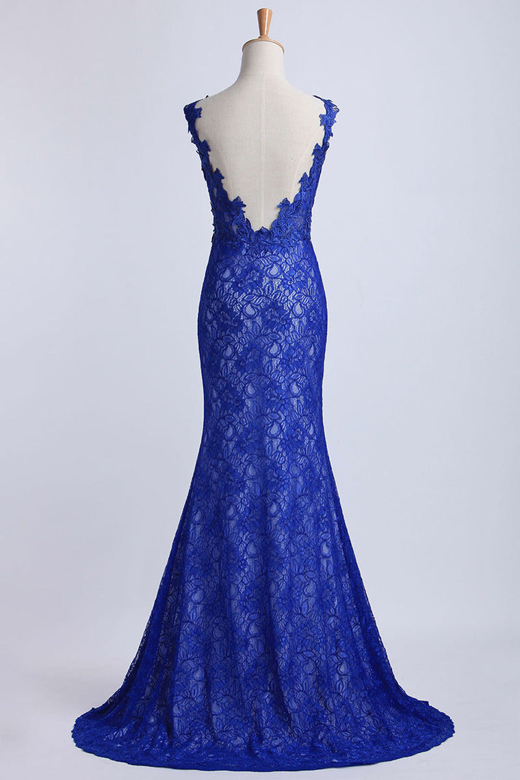 2022 Evening Dresses Bateau Mermaid With Deep V Shape Back Lace&Tulle Dark Royal Blue