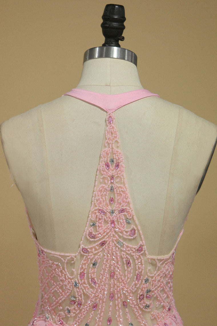 2022 Sheath Scoop With Beading And Slit Prom Dresses Sweep Train Spandex