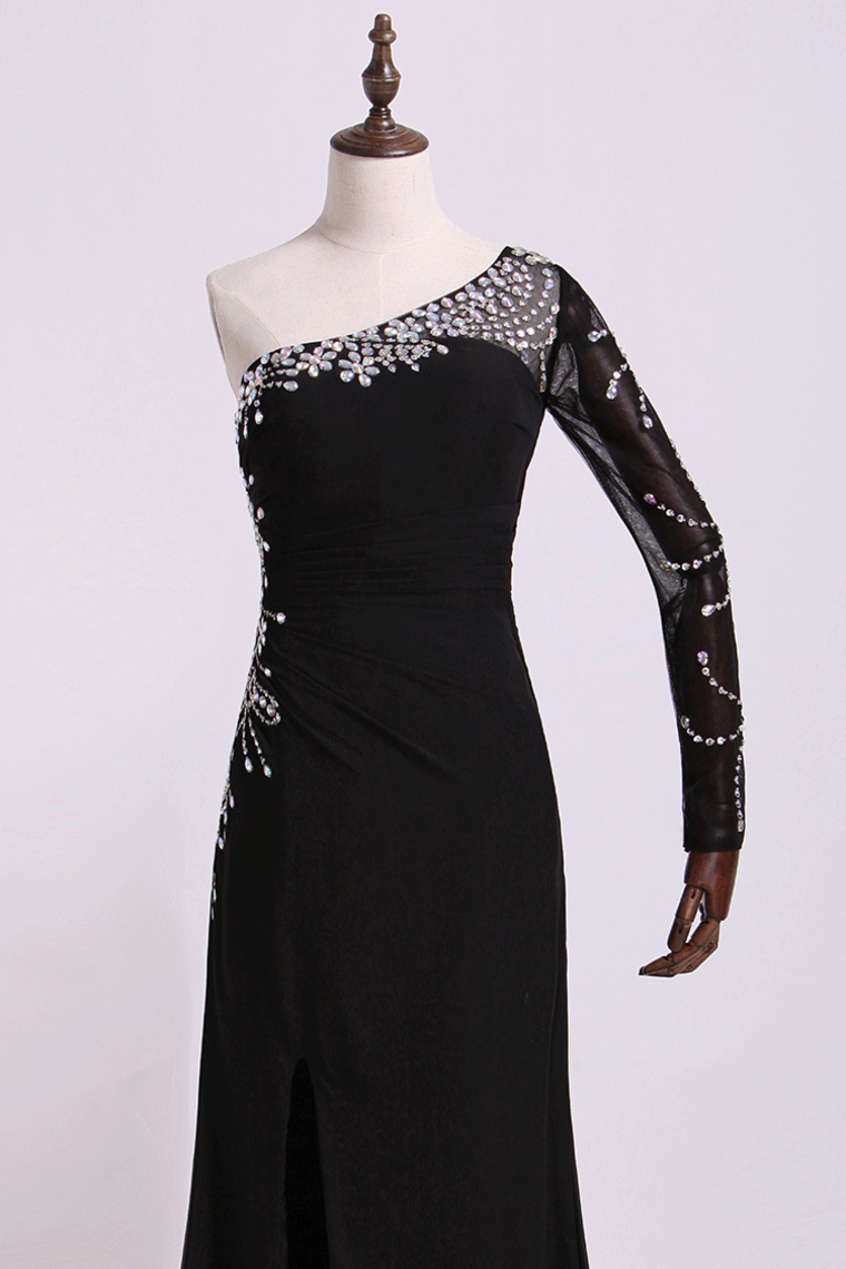 2022 One Sleeve Column/Sheath Prom Dresses Black