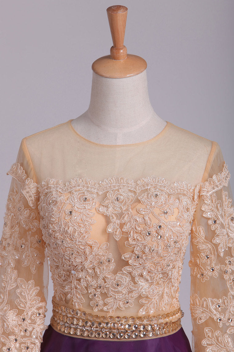 2022 Long Sleeves Prom Dresses Scoop A Line With Applique And Beads Floor Length