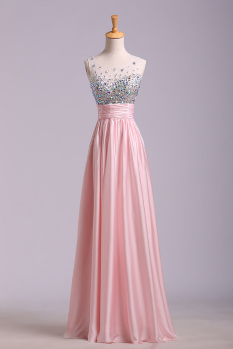 2022 Sexy Prom Dresses Scoop Neckline Princess Floor Length Chiffon Beaded Bodice