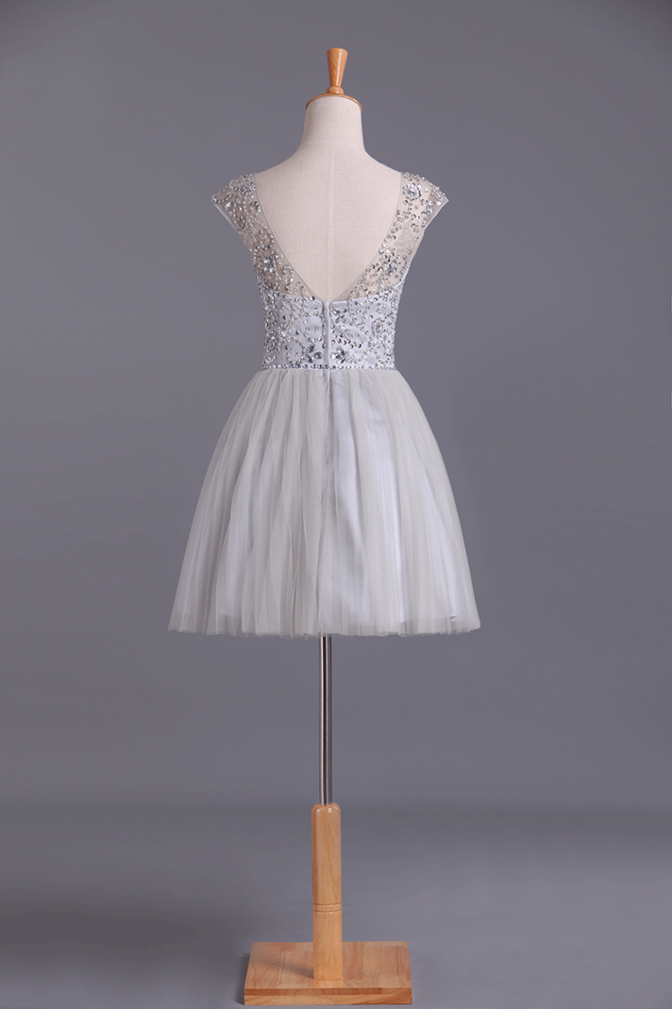 2022 Bateau A Line Short Beaded Bodice Homecoming Dresses Tulle