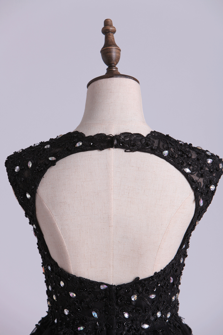 2022 Scoop Prom Dress A Line Tulle Skirt Embellished Bodice With Beads & Applique Cap Sleeve Mini