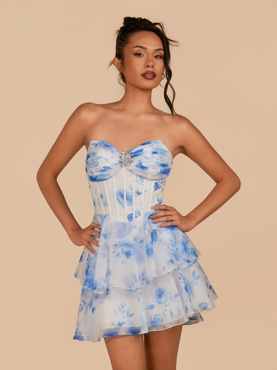 Crisa | Blue - A Line Strapless Floral Chiffon Homecoming Dress with Beads