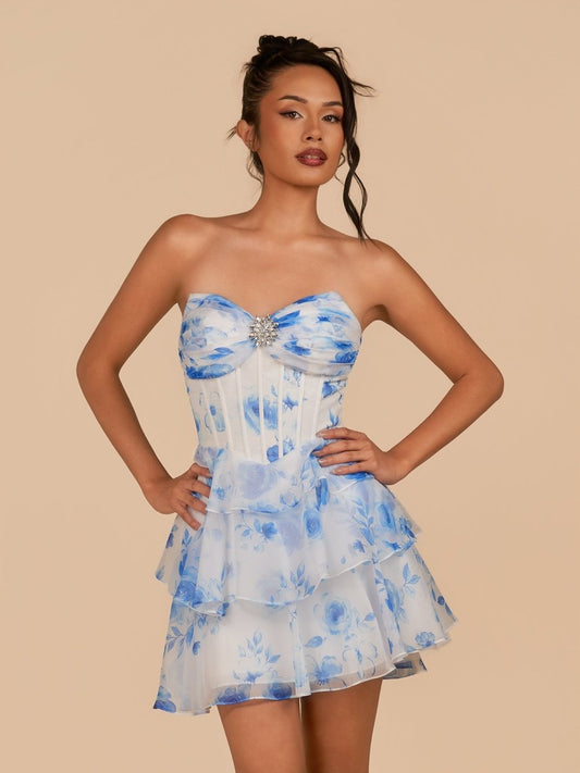 Crisa | Blue - A Line Strapless Floral Chiffon Homecoming Dress with Beads