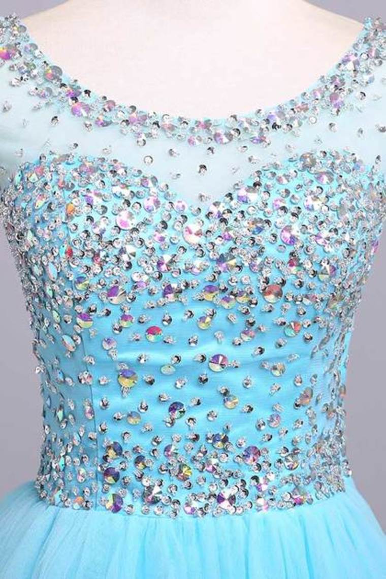 2022 Bateau Beaded Bodice A Line/Princess Prom Dress With Tulle Skirt Open Back