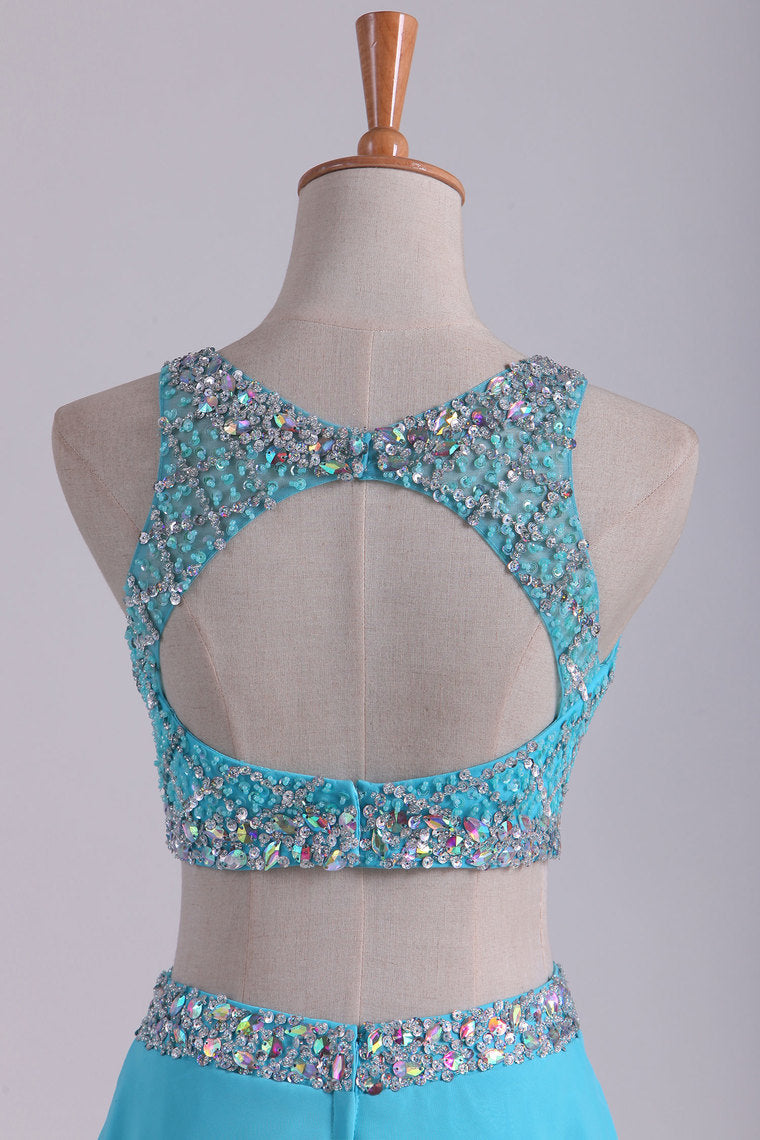 2022 Bateau Two Pieces Prom Dresses A Line Beaded Bodice Open Back Floor Length Chiffon & Tulle