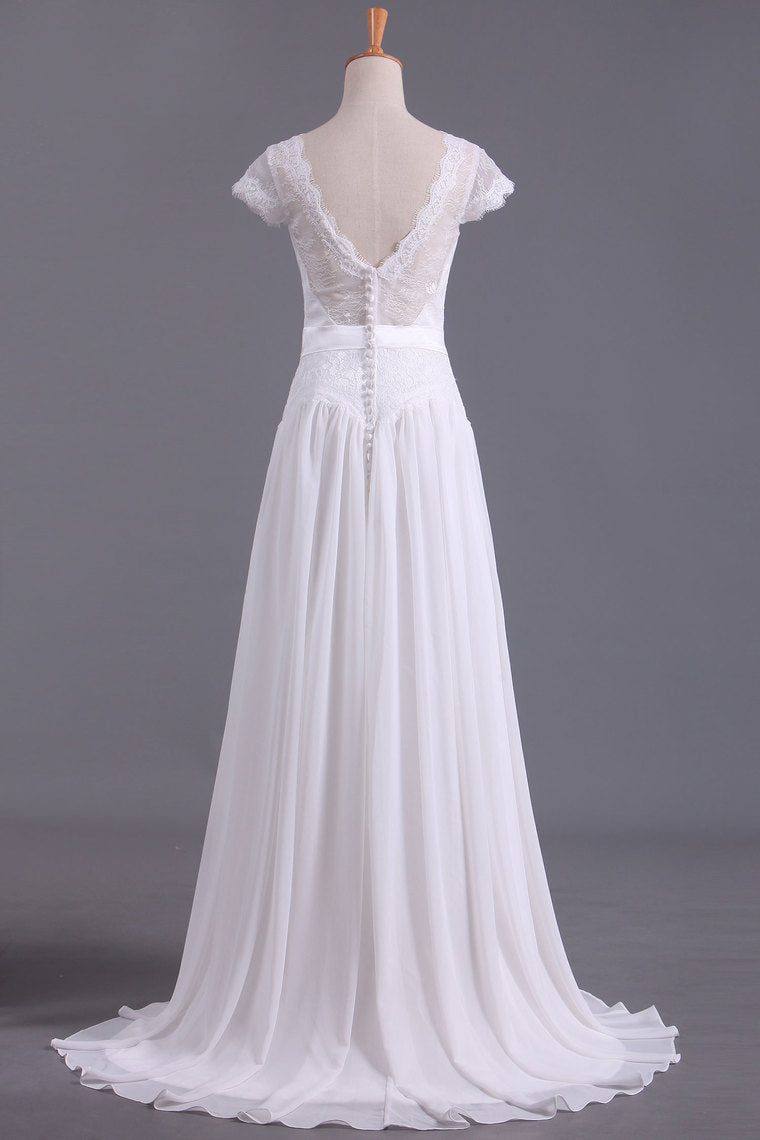 2022 Wedding Dresses V Neck Chiffon & Lace Short Sleeves Sweep Train