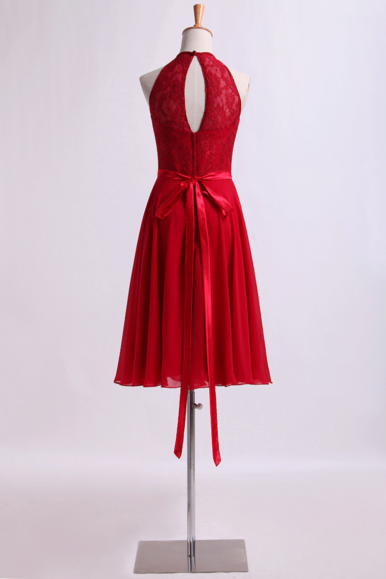 2022 Scoop Neckline Princess Chiffon&Lace Dress Burgundy/Maroon With Sash Knee Length