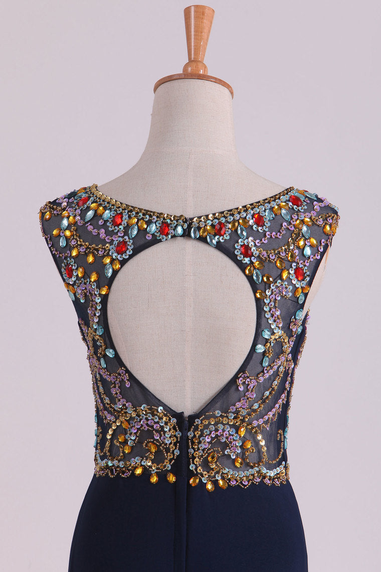 2022 Prom Dresses Sexy Open Back Bateau Beaded Bodice Mermaid Spandex