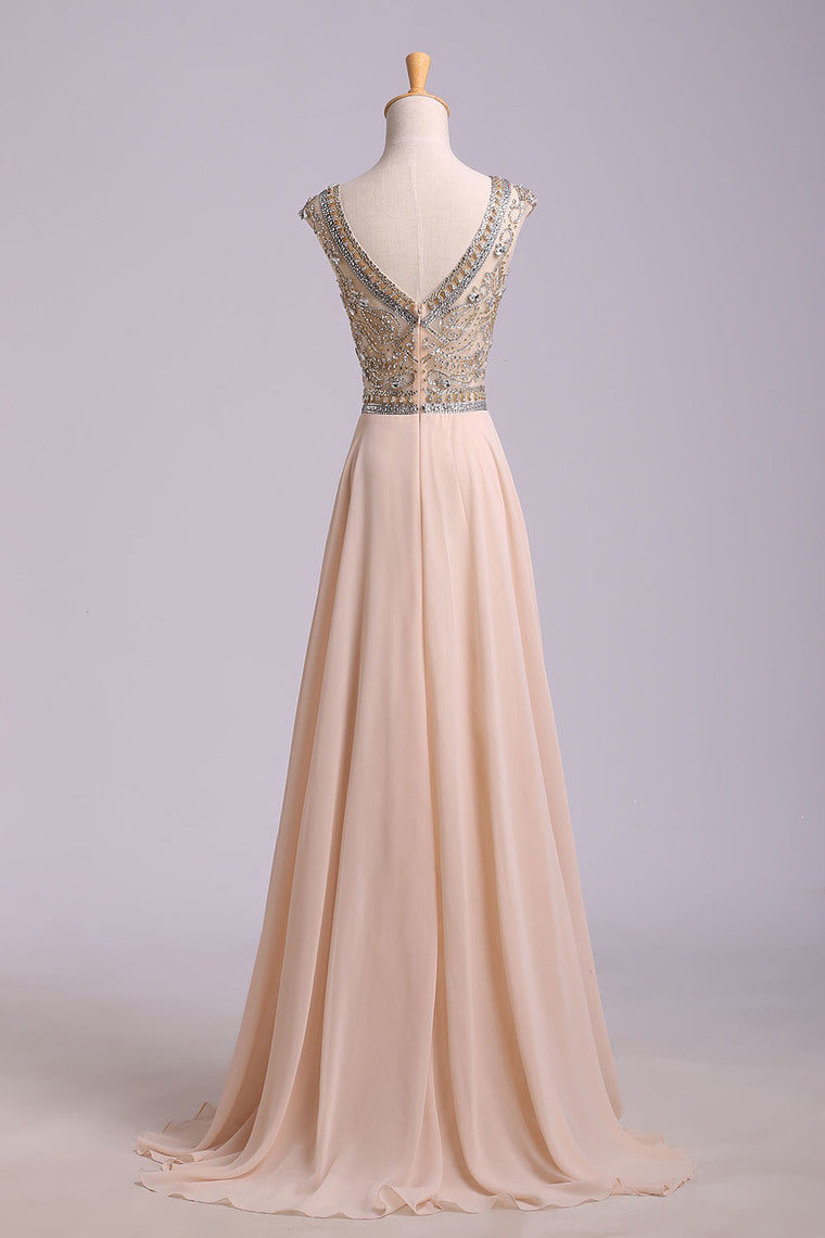 2022 Prom Dress Scoop A Line Floor Length Beaded Tulle Bodice With Chiffon Skirt