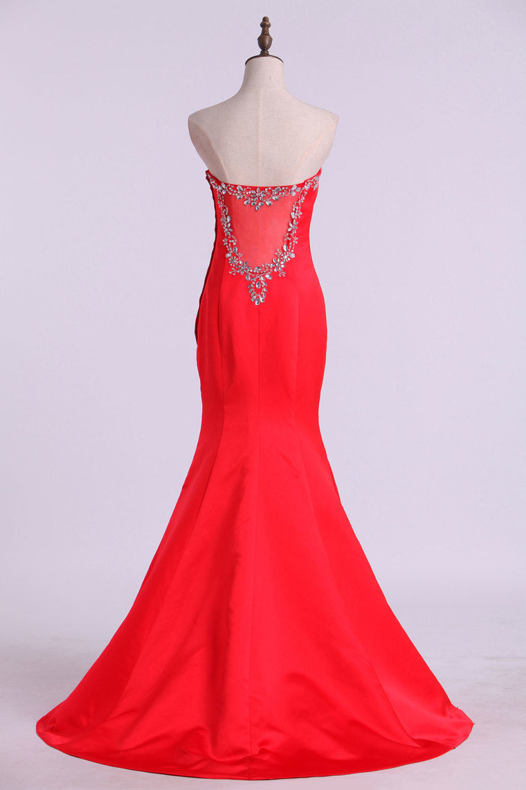 2022 Sweetheart Beaded Neckline Satin Prom Dress Mermaid Sweep Train