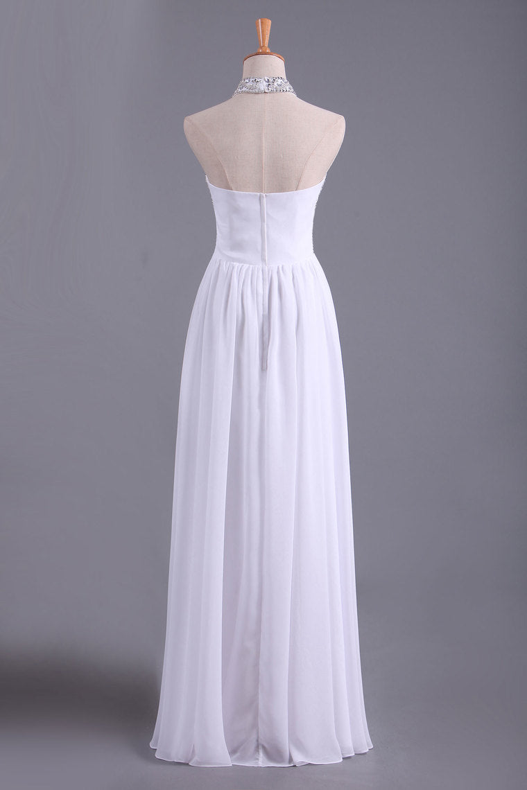 2022 White Hater Prom Dresses A Line Chiffon With Beading