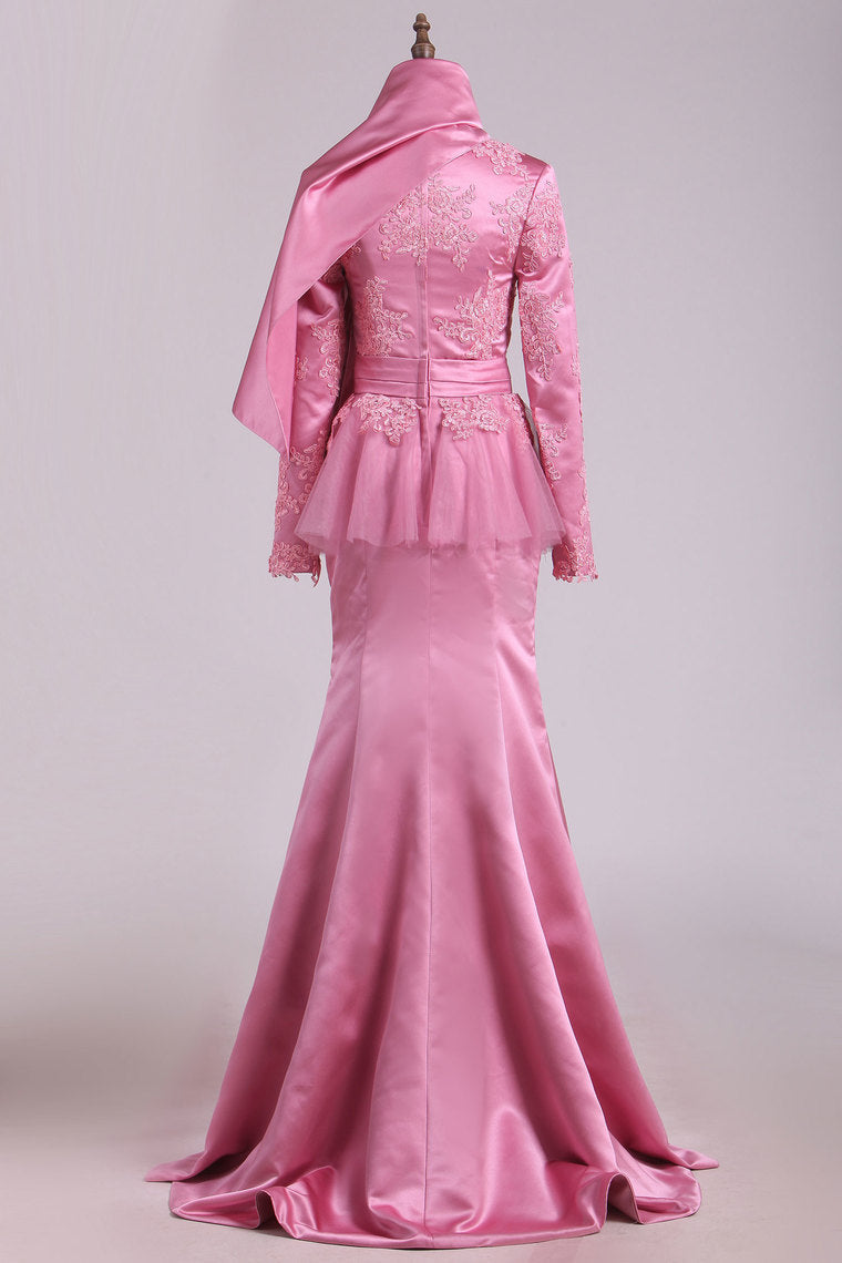 2022 Muslim Scoop Mermaid/Trumpet Satin With Applique Prom Dresses