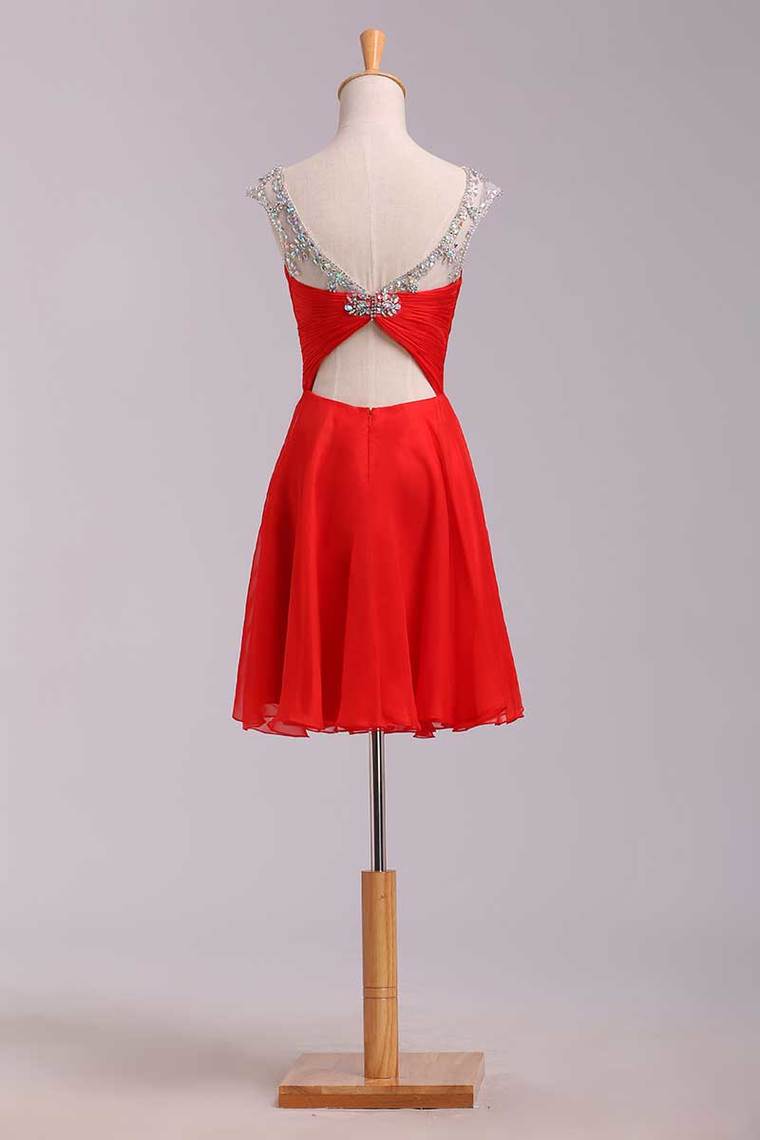 2022 Cute Homecoming Dresses Short/Mini Rulffled&Beaded Chiffon Dark Royal Blue