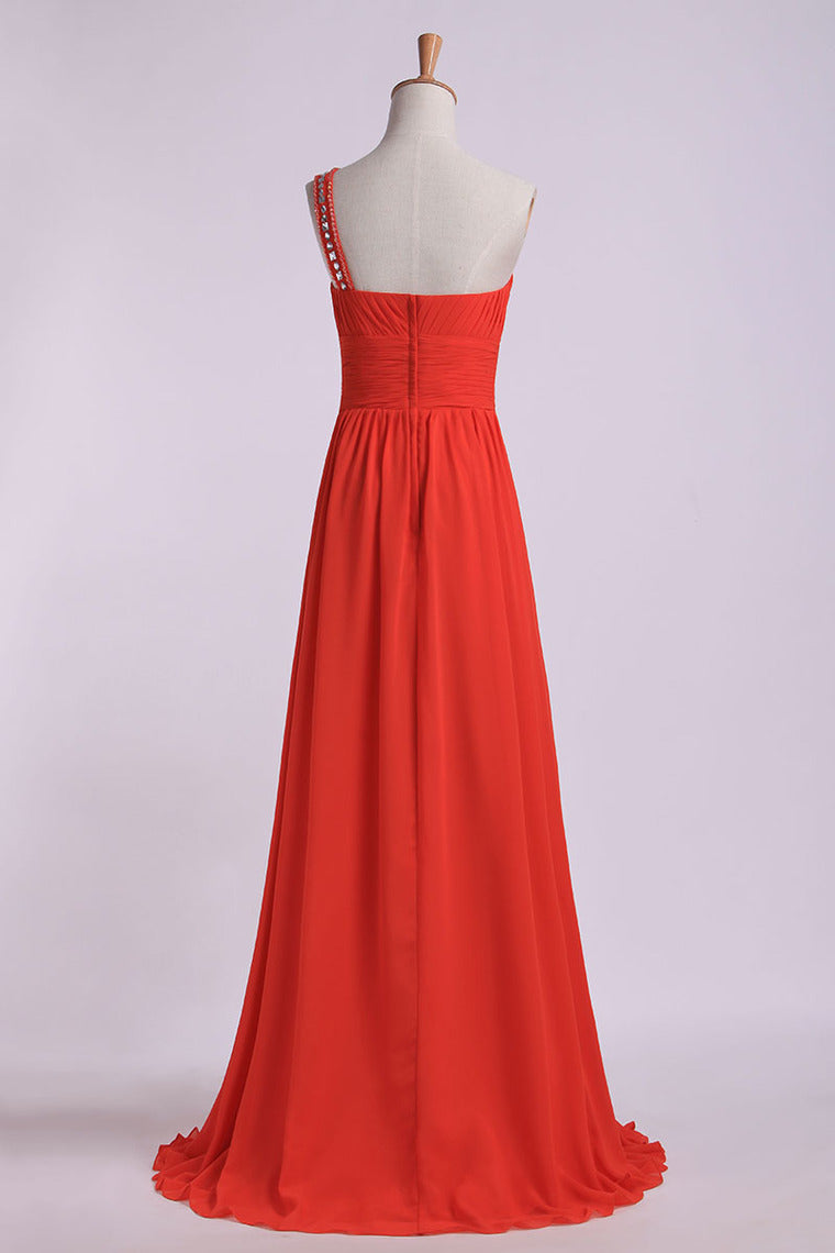 2022 One Shoulder Floor Length Prom Dresses Ruffles&Beads Black