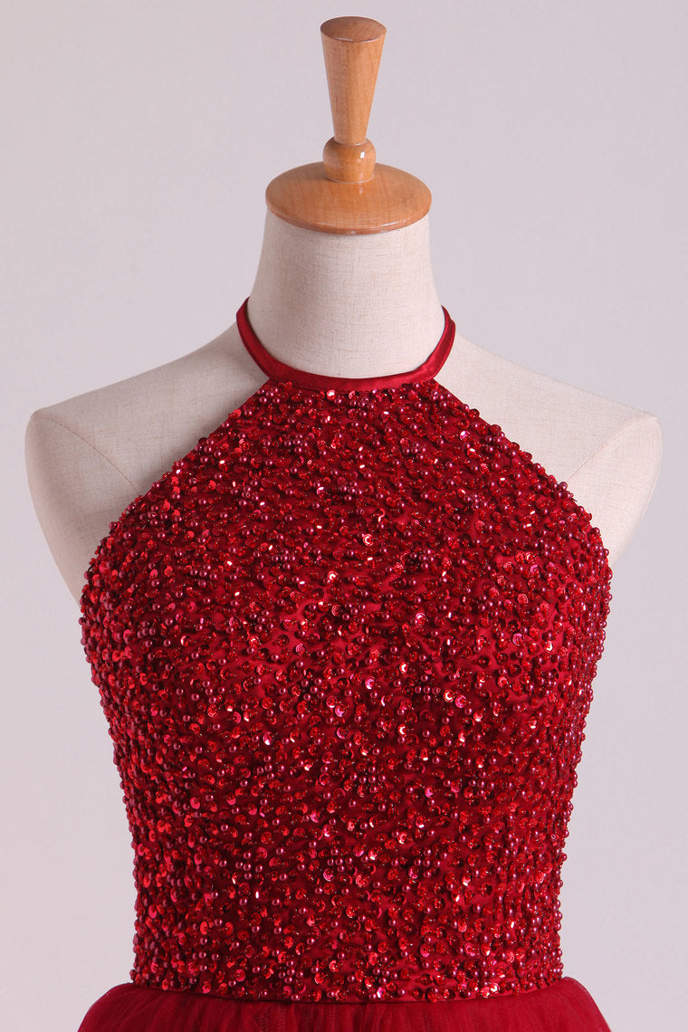 2022 Halter Homecoming Dresses A-Line Tulle Short/Mini Beaded Bodice Burgundy/Maroon