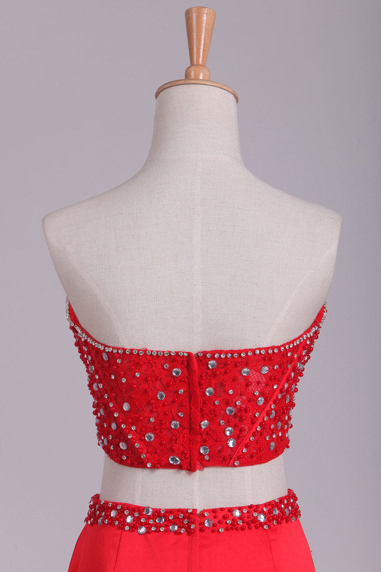 2022 Sweetheart Beaded Bodice Two-Piece Mermaid Prom Dresses Satin