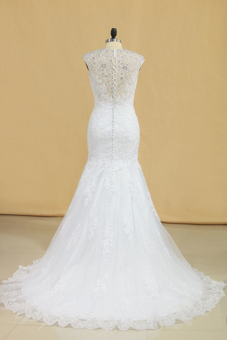 2022 Plus Size Mermaid Wedding Dresses V Neck With Beads And Applique Court Train Tulle
