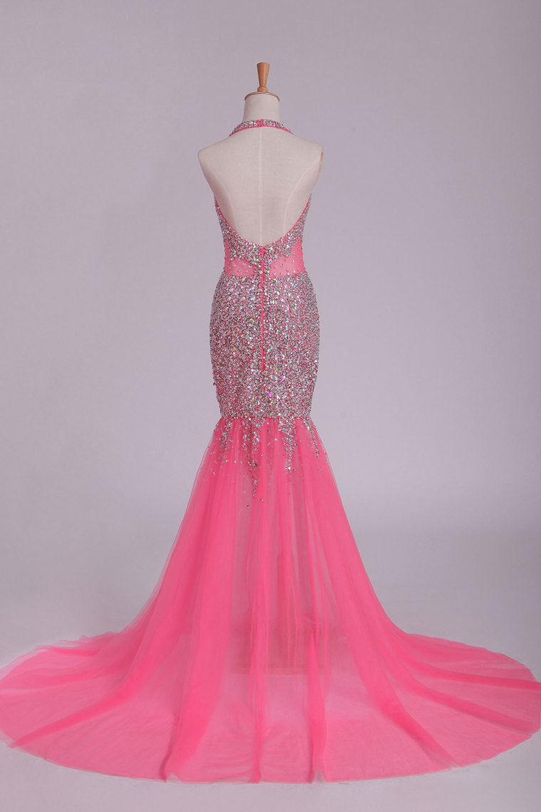 2022 Halter Prom Dresses Mermaid/Trumpet Tulle With Beading
