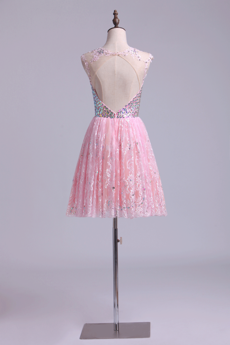 2022 Scoop Neckline Open Back A Line Tulle And Lace Short/Mini Homecoming Dresses