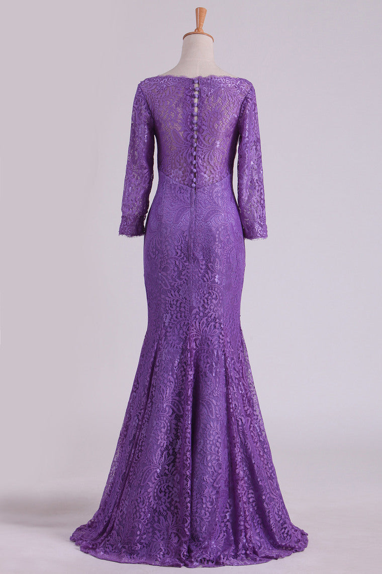 2022 Purple Mother Of The Bride Dresses V Neck 3/4 Length Sleeve Mermaid Lace Floor Length