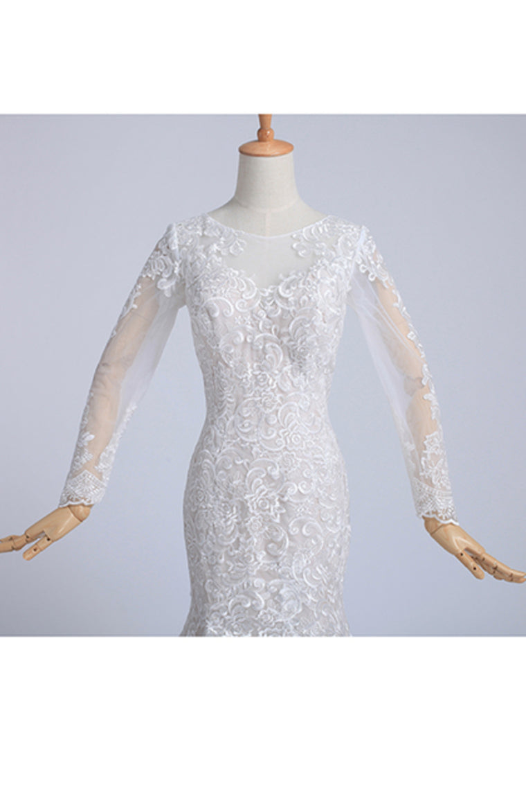 2022 Bateau Long Sleeves Wedding Dress Mermaid/Trumpet Court Trian With Applique