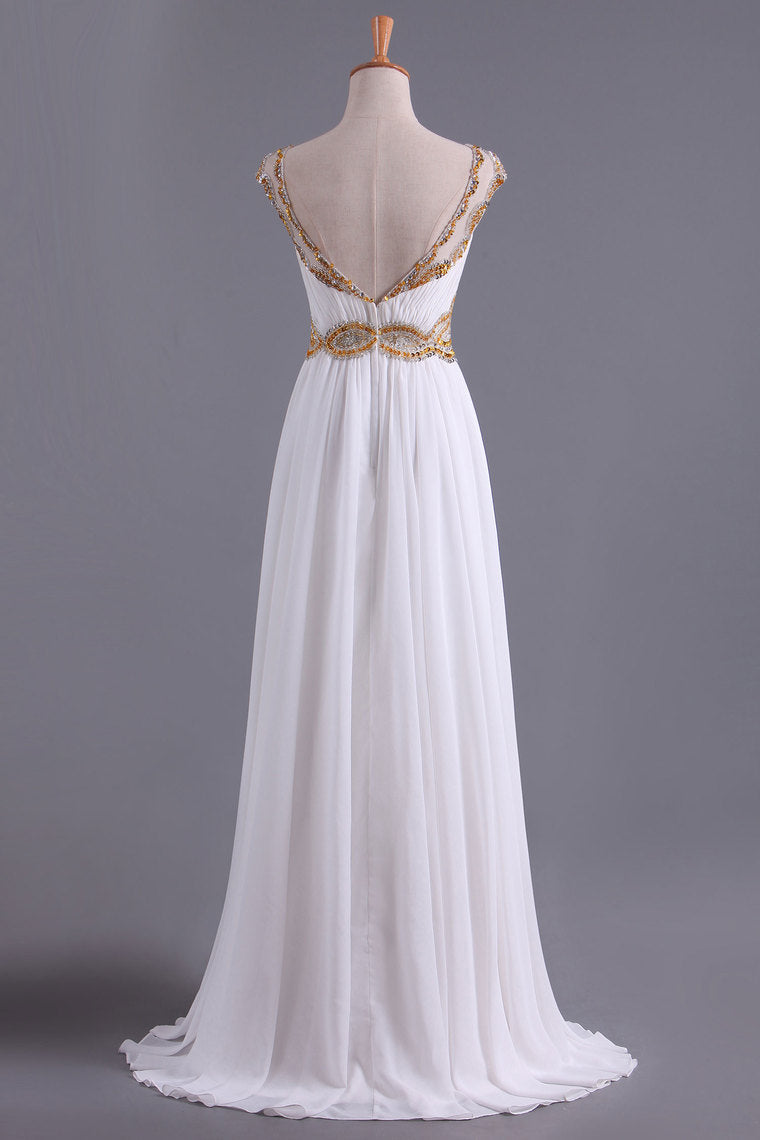2022 White A Line Prom Dresses Bateau Open Back Chiffon With Beads & Ruffles Sweep Train