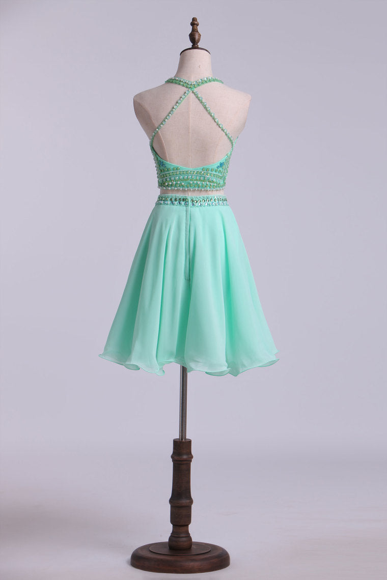 2022 Two-Piece Halter Short Homecoming Dresses Chiffon Beaded Bodice