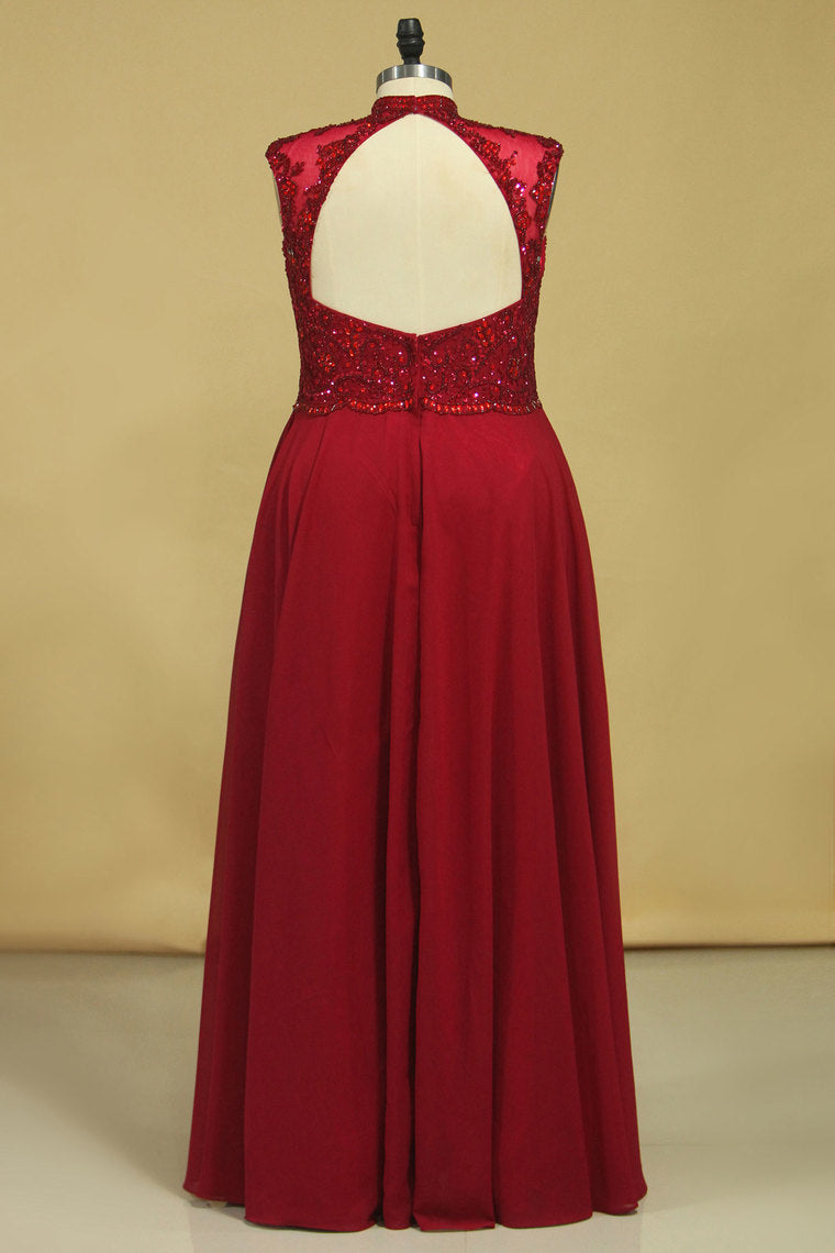 2022 High Neck  Prom Dresses Beaded Bodice Burgundy/Maroon A Line Chiffon Open Back