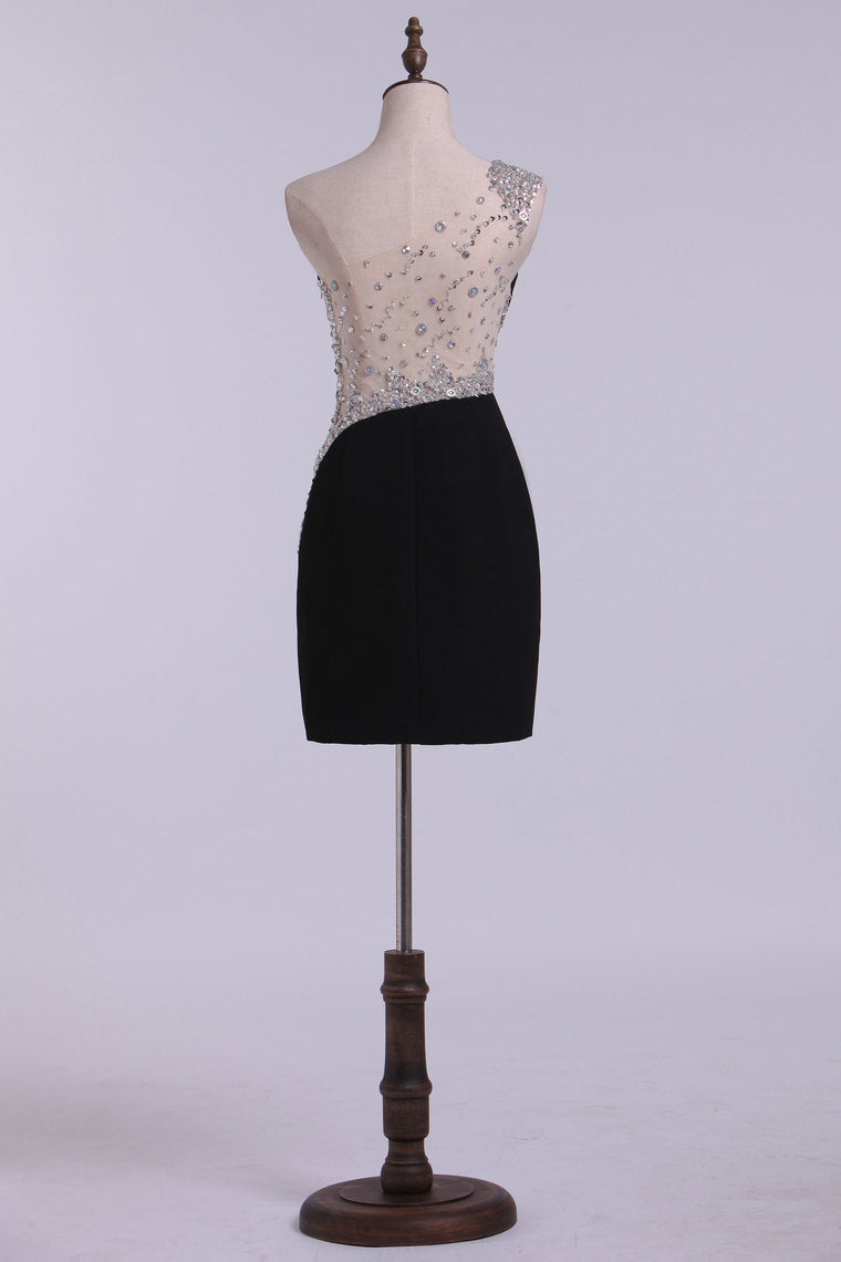2022 Prom Dresses Sheath Short One Shoulder Beaded With Elegant Sheer Back
