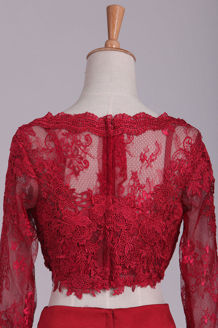 2022 Long Sleeves Two-Piece Bateau Prom Dresses Floor Length Satin