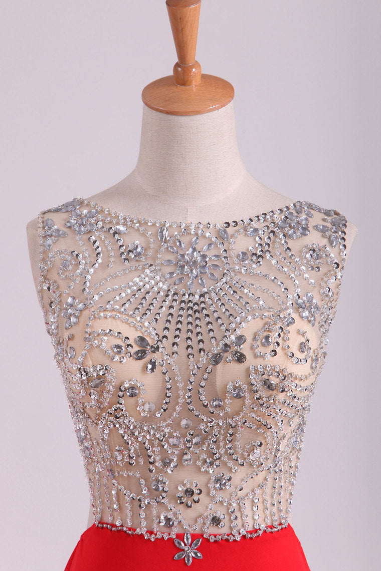 2022 Scoop Beaded Bodice Prom Dresses With Beading Backless Spandex