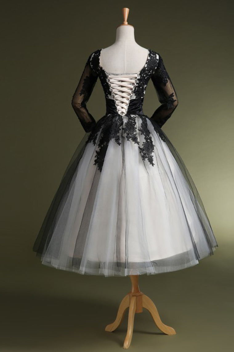 2022 Prom Dresses Scoop A Line With Applique And Ribbon Tea Length