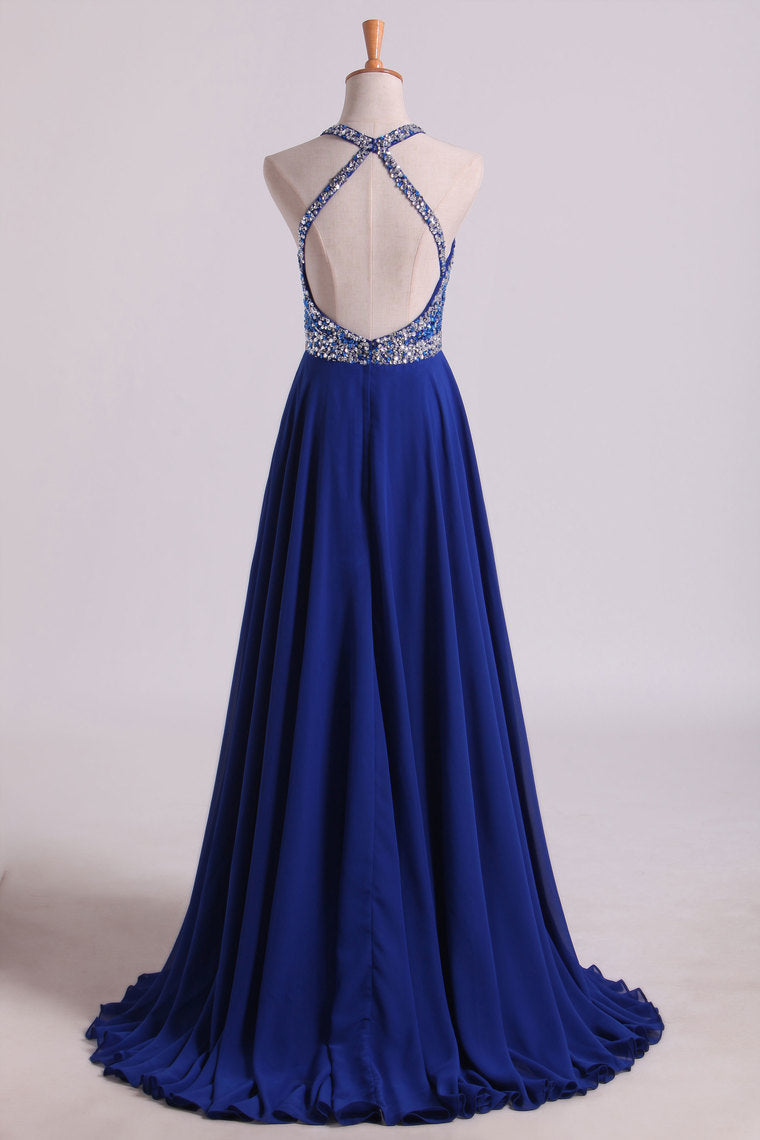 2022 A Line Prom Dresses Halter Beaded Bodice Open Back Sweep Train Chiffon & Tulle Dark Royal Blue
