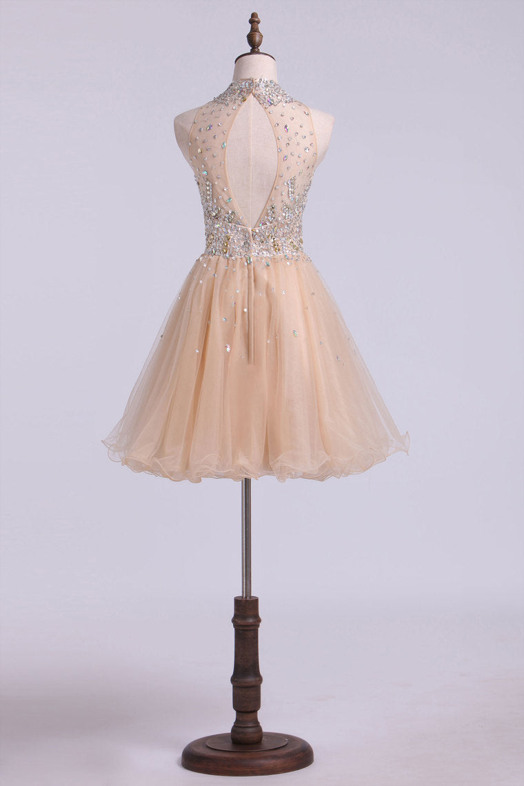 2022 High Neck Homecoming Dresses A-Line Short Beaded Bodice Tulle