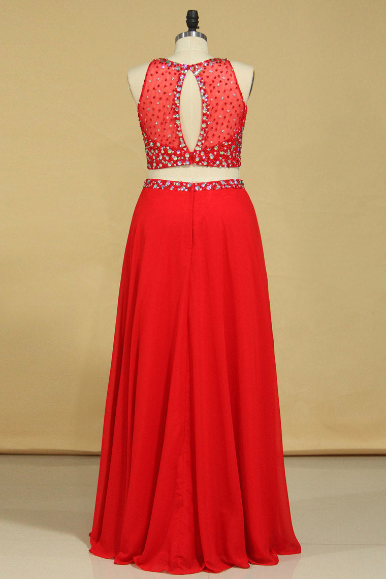 2022 Red Scoop Two Pieces A Line Prom Dresses Beaded Bodice Open Back Chiffon & Tulle