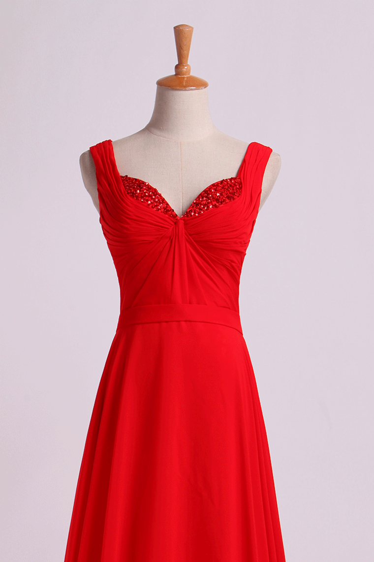 2022 Prom Dresses Straps A Line Chiffon With Ruffles&Sash Floor-Length