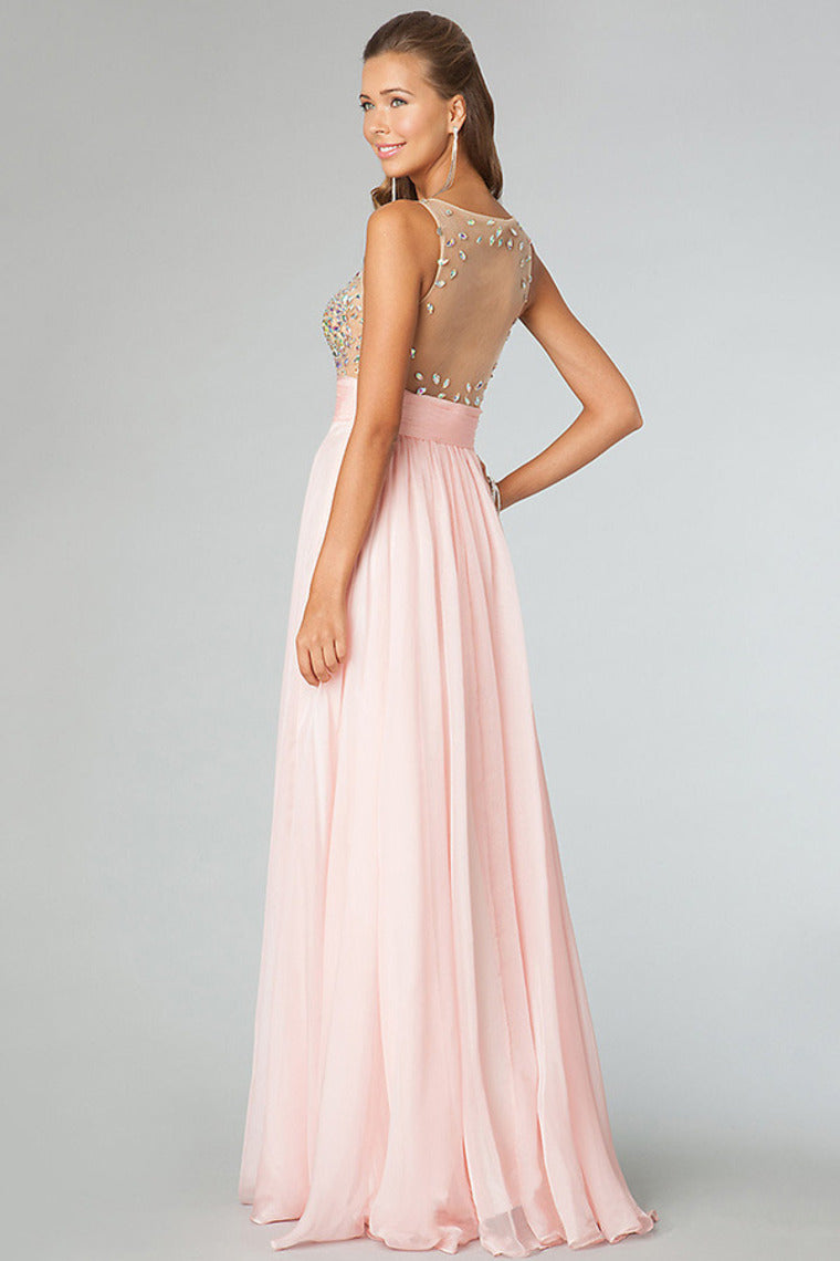 2022 Sexy Prom Dresses Scoop Neckline Princess Floor Length Chiffon Beaded Bodice