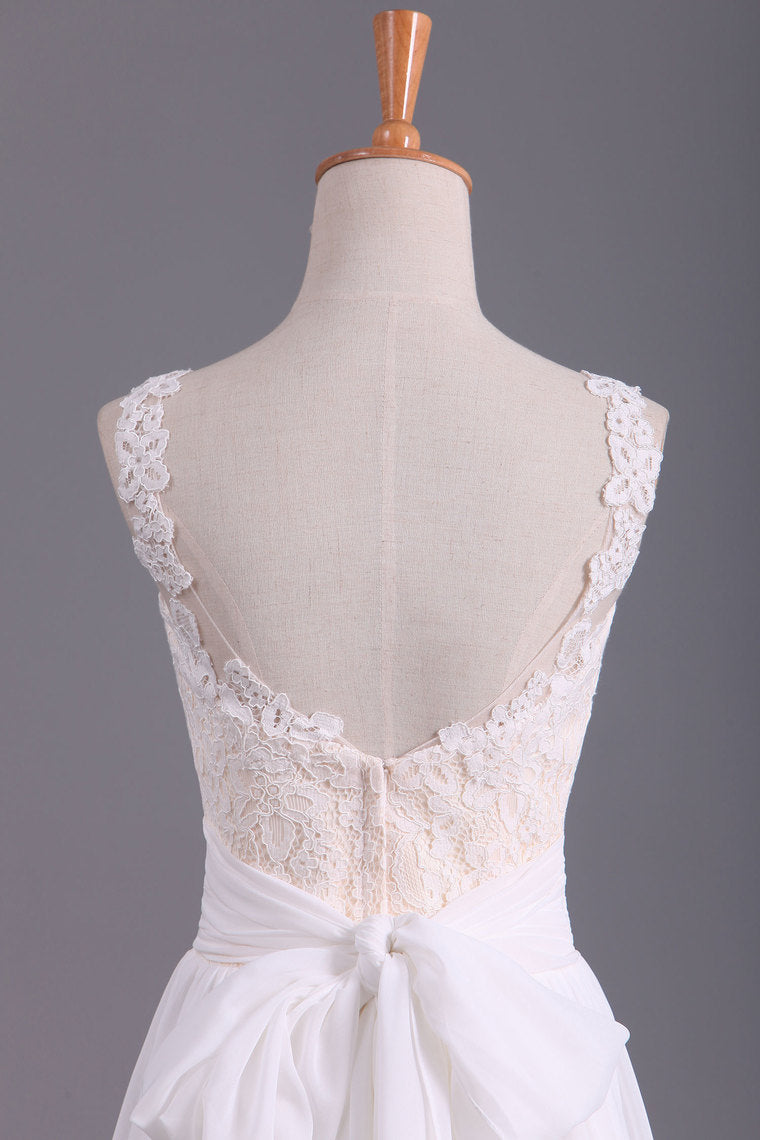 2022 Sexy Open Back Scoop With Applique And Sash Wedding Dresses A Line Chiffon Sweep Train