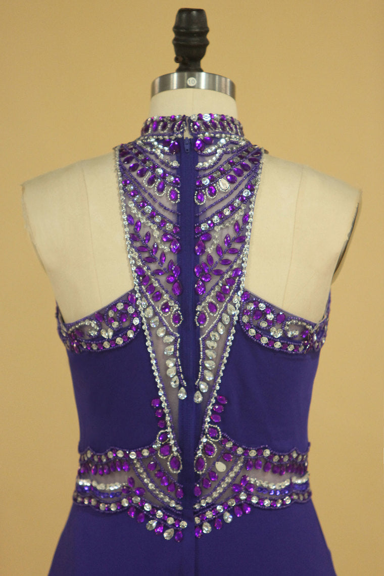 2022 Spandex High Neck Sweep Train Prom Dresses With Beading And Rhinestones