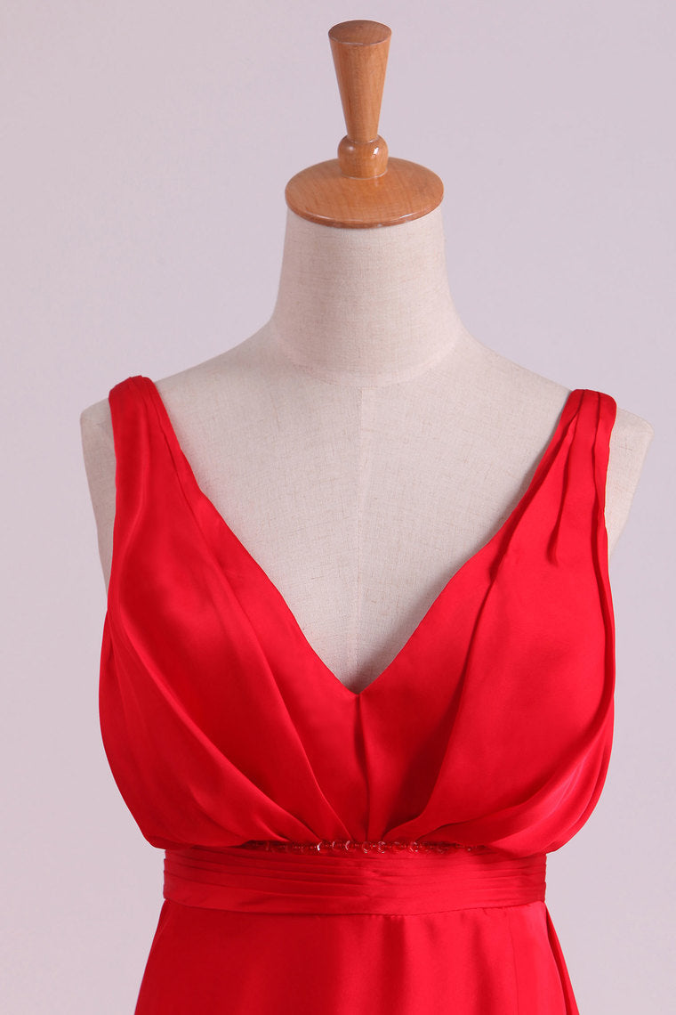 2022 A Line V Neck Deep V Back Prom Dresses Chiffon With Slit Court Train