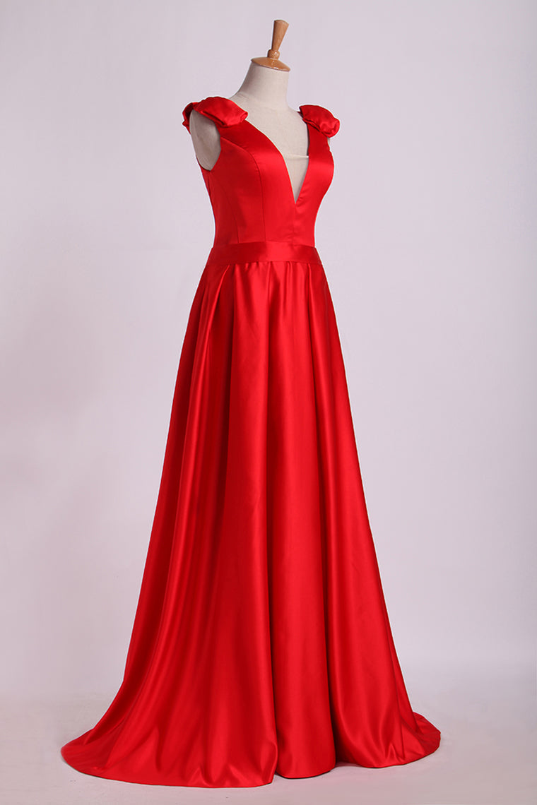2022 Evening Dress V-Neck Bubble Shoulder A-Line Satin Floor-Length